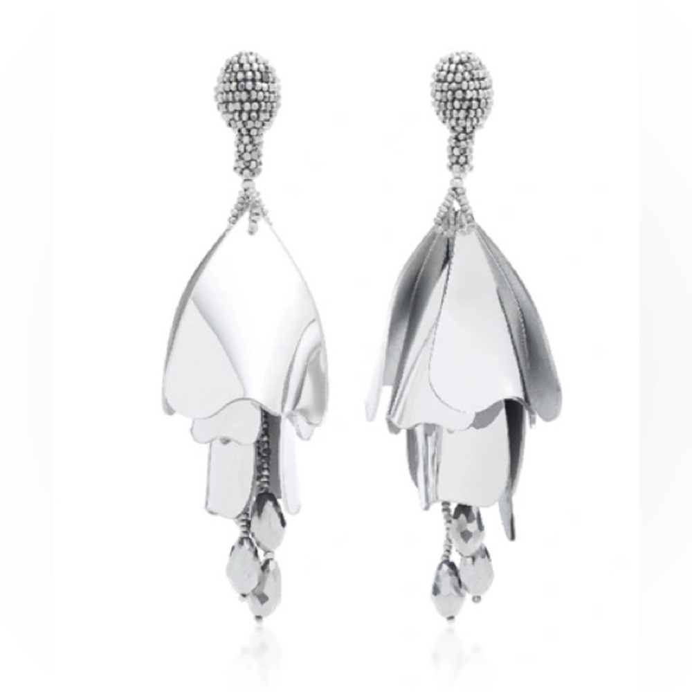 Oscar de la Renta Large Silver Impatiens Flower Drop Earrings
